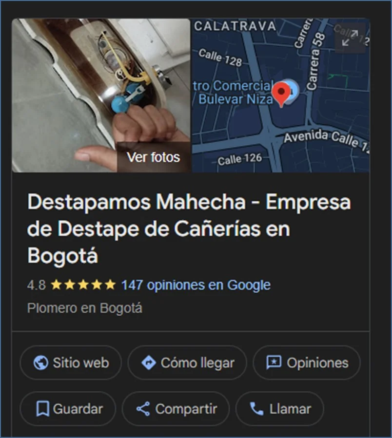 Ficha de Google My Business de Destapamos Mahecha posicionada #1 en Google Maps Bogotá con 121 reseñas